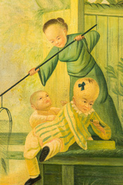 Four large painted canvases with chinoiserie scenes of playing boys, 20th C.