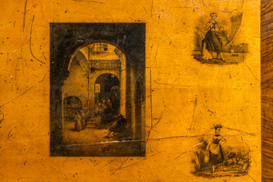 Een grote Russische Biedermeier consoletafel in notelaar met esdoornfineer met vnl. ruitersc&egrave;nes en opschrift 'Bogoslowsk', 19e eeuw