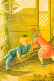 Four large painted canvases with chinoiserie scenes of playing boys, 20th C.