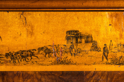 A large Russian walnut and maplewood veneered Biedermeier console table with mainly equestrian scenes and inscribed 'Bogoslowsk', 19th C.