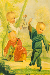 Four large painted canvases with chinoiserie scenes of playing boys, 20th C.