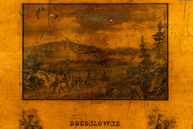 Een grote Russische Biedermeier consoletafel in notelaar met esdoornfineer met vnl. ruitersc&egrave;nes en opschrift 'Bogoslowsk', 19e eeuw