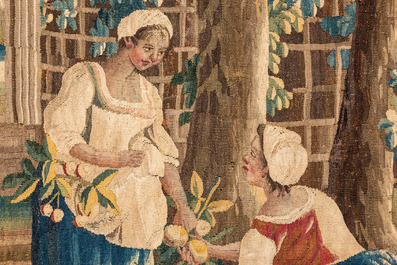 Tapisserie d'Aubusson repr&eacute;sentant 'La main chaude' apr&egrave;s Jean-Baptiste Huet, 18&egrave;me