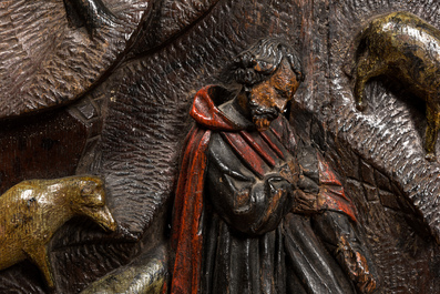 A pair of polychrome oak panels depicting shepherds guarding their flock, Flanders, 2nd half 16th C.