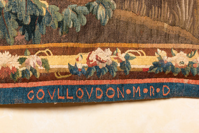 A French Aubusson tapestry depicting 'La main chaude' after Jean-Baptiste Huet, 18th C.