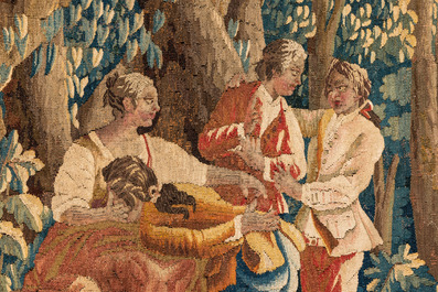 A French Aubusson tapestry depicting 'La main chaude' after Jean-Baptiste Huet, 18th C.