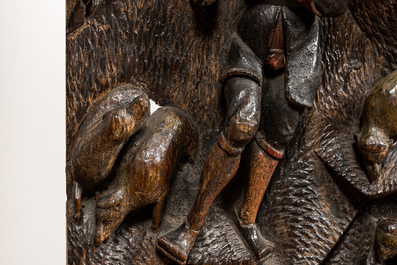 Deux panneaux en ch&ecirc;ne sculpt&eacute; et polychrom&eacute; repr&eacute;sentant des bergers gardant un troupeau, Flandres, 2&egrave;me moiti&eacute; du 16&egrave;me