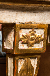 A neoclassical partly gilt corner console with marble top, ca. 1800