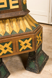 A pair of impressive partly green coloured and gilt wood, dark patinated iron and bronze Art Deco floor lamps, early 20th C.