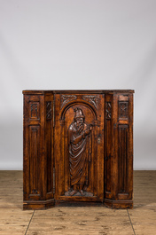 Five richly carved Gothic Revival oak single-door cupboards 19/20th C.
