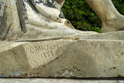 C. Michot (19e eeuw): Boogschutter naar de antieken, kalksteen op een indrukwekkende sokkel met mythologische sc&egrave;nes, gedateerd 1853