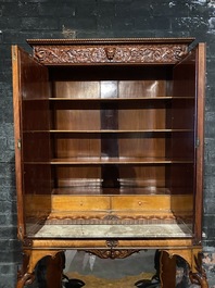 A Gothic Revival walnut and walnut veneered cabinet on foot with marble top, 19/20th C.