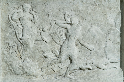 C. Michot (19th C.): Archer after the antiques, limestone on an impressive base depicting mythological scenes, dated 1853