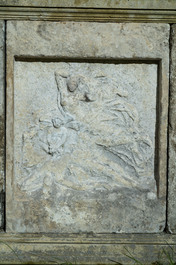 C. Michot (19th C.): Archer after the antiques, limestone on an impressive base depicting mythological scenes, dated 1853