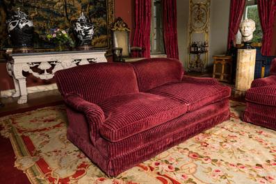 A pair of two-seaters with red velvet upholstery, 19/20th C.