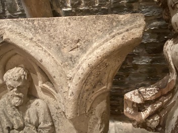 An architectural sandstone fragment with Saint Mark and a lion, 14/15th C.