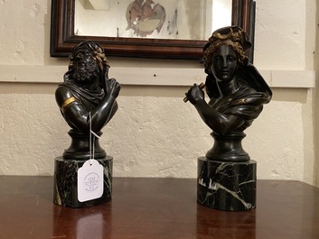 In the manner of Fr&eacute;d&eacute;ric Eug&egrave;ne Piat (1827-1903): A pair of busts after the antiques, patinated and gilt bronze on a marble base, 19th C.