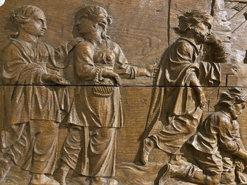 Grand panneau rectangulaire en ch&ecirc;ne sculpt&eacute; figurant l'Adoration des bergers, 18&egrave;me