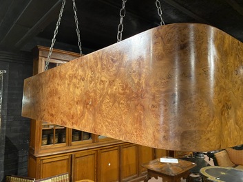 A burl wood veneered billiard table with accompanying lighting and cue holder, 20th C.