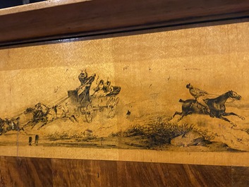 A large Russian walnut and maplewood veneered Biedermeier console table with mainly equestrian scenes and inscribed 'Bogoslowsk', 19th C.
