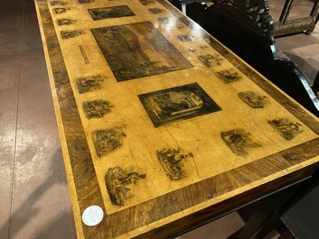 A large Russian walnut and maplewood veneered Biedermeier console table with mainly equestrian scenes and inscribed 'Bogoslowsk', 19th C.