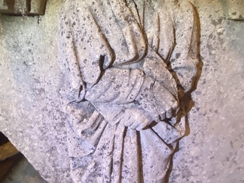 An architectural sandstone fragment with Saint Mark and a lion, 14/15th C.