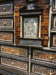 A Spanish partly ebonised wooden cabinet with tortoiseshell veneer and engraved bone plaques, 19th C.