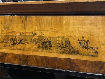 A large Russian walnut and maplewood veneered Biedermeier console table with mainly equestrian scenes and inscribed 'Bogoslowsk', 19th C.