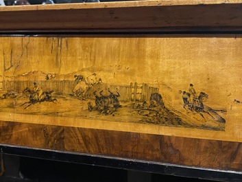 Een grote Russische Biedermeier consoletafel in notelaar met esdoornfineer met vnl. ruitersc&egrave;nes en opschrift 'Bogoslowsk', 19e eeuw