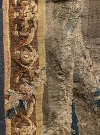 A French Aubusson wall tapestry depicting a young peasant woman feeding poultry, 18th C.