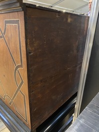 A Spanish partly ebonised wooden cabinet with tortoiseshell veneer and engraved bone plaques, 19th C.