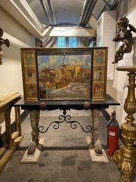 A Gothic Revival cabinet on stand depicting the Battle of Sluys, 20th C.