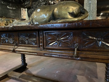 A Spanish walnut table with three drawers, 17th C