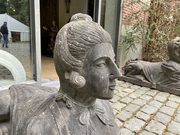 A pair of Retour d'Egypte-style stone models of Antonius and Cleopatra in shape of sphinxes, 19/20th C.