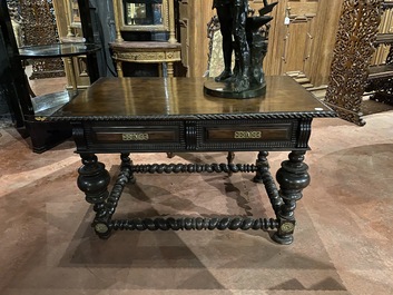 A partly ebonised walnut table on barley-twist base with baluster legs, 19th C.