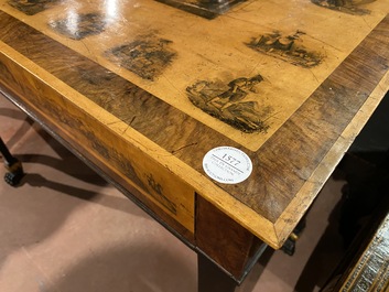 A large Russian walnut and maplewood veneered Biedermeier console table with mainly equestrian scenes and inscribed 'Bogoslowsk', 19th C.