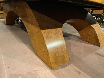 A burl wood veneered billiard table with accompanying lighting and cue holder, 20th C.