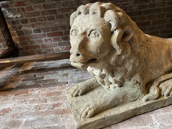 A sandstone model of a recumbent lion, 17/18th C.