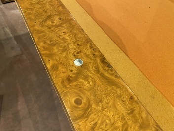 A burl wood veneered billiard table with accompanying lighting and cue holder, 20th C.