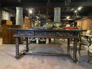 A Spanish walnut table with three drawers, 17th C