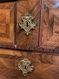 A French mahogany veneered gilt bronze mounted chest of drawers with marble top, 18th C.