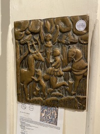 Een bronzen reli&euml;fplaquette met 'Het visioen van Sint-Hubertus', 17e eeuw of later