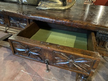 A Spanish walnut table with three drawers, 17th C