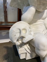 A white marble 'grieving putto' sculpture, 20th C.