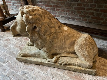 A sandstone model of a recumbent lion, 17/18th C.