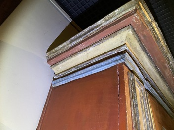 A pair of large Italian polychrome wooden two-door cupboards with coats of arms, 17th C.