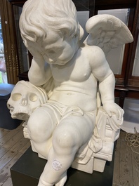 A white marble 'grieving putto' sculpture, 20th C.