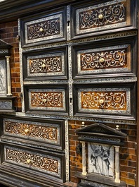 A Spanish partly ebonised wooden cabinet with tortoiseshell veneer and engraved bone plaques, 19th C.