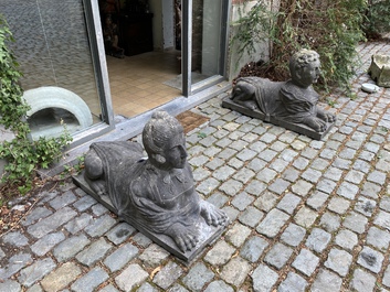 A pair of Retour d'Egypte-style stone models of Antonius and Cleopatra in shape of sphinxes, 19/20th C.