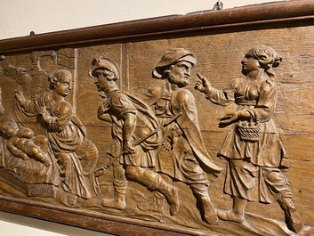 A large rectangular oak carving depicting 'The adoration of the shepherds', 18th C.